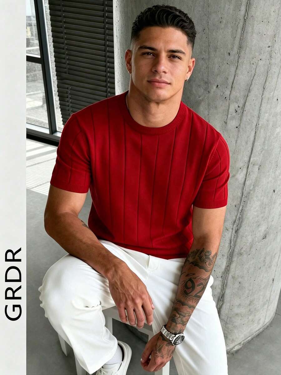 GRDR Men's Loose Thin Ribbed Crew Neck Knit Short Sleeve Sweater, Summer - Red - View 1
