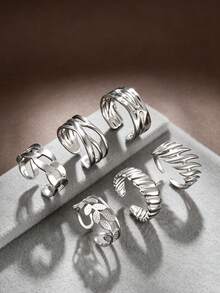 Men's 6pcs Stainless Steel Ring Set, Minimalist Niche Design Leaf Twist Textured Open Ring, Versatile Everyday Wear, Gift For Boyfriend - Silver - View 3