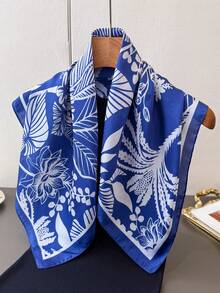 1件女款夏季花卉印花領結方巾，仿絲綢材質，沙灘髮飾，手提包圍巾，頭巾，適合度假旅行配件 - FG478-4 藏青色 - 查看 6