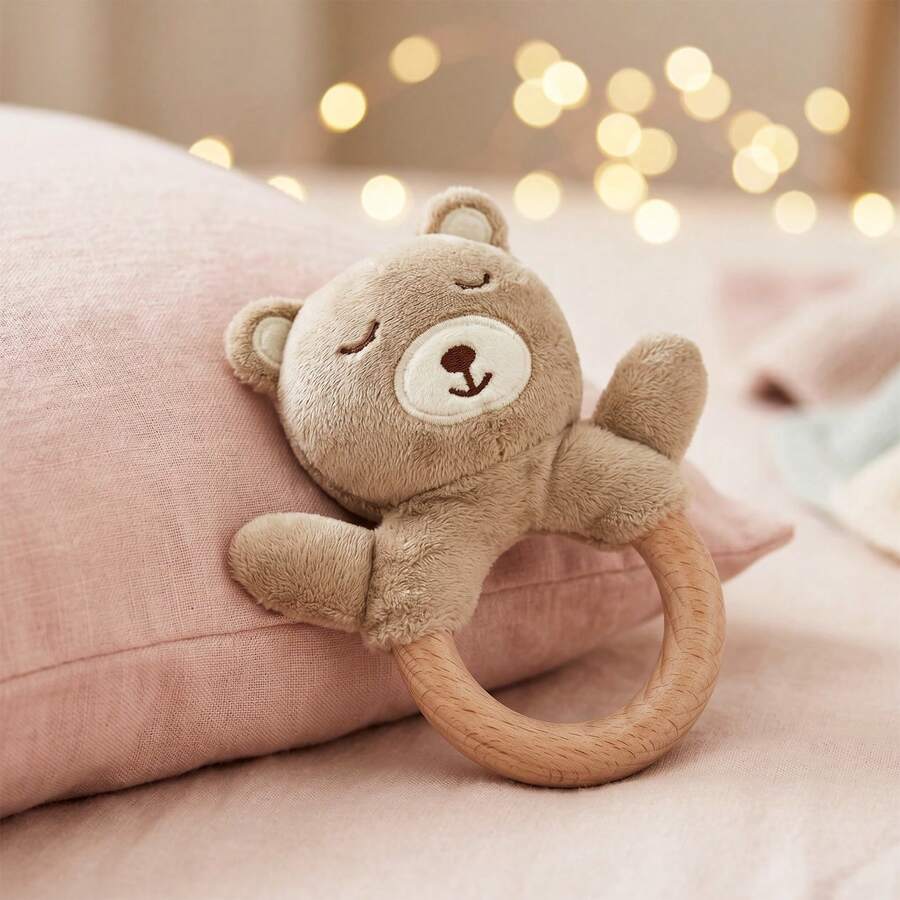 Cute Bear Baby Rattle, Soft Plush Wooden Ring Rattle Toy, Newborn Grasping Toy, 0-12 Months, Baby Shower Gift