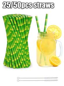50/25pcs Green Bamboo Pattern Paper Straws - Bamboo Pattern Straws, Suitable For Cocktails, Birthday And Wedding Decorations, Tropical Hawaiian Style Parties; Creative Small Gifts, Summer Decorations And Party Supplies.(Brush Included) - Multicolor - View 4