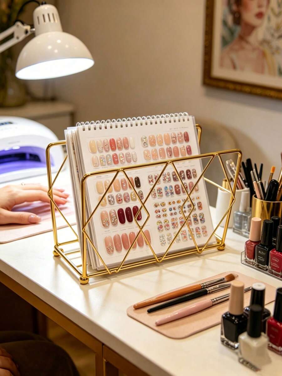 1 pieza Estante de almacenamiento de placa de impresión de arte de uñas con diseño hueco de hierro forjado, estantería de almacenamiento de pegatinas de uñas de múltiples compartimentos, organizador de caja de trabajo de álbum de arte de uñas, soporte de exhibición de tarjetas de color de uñas de salón - Multicolor - Ver 1