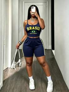 DVSLOE Setelan 2 Potong Musim Panas Wanita Motif Bendera Brasil, Atasan Tank Pendek dengan Tali Bahu Tipis yang Dapat Diatur & Celana Pendek Bersepeda dengan Garis Samping - Navy Blue - View 3
