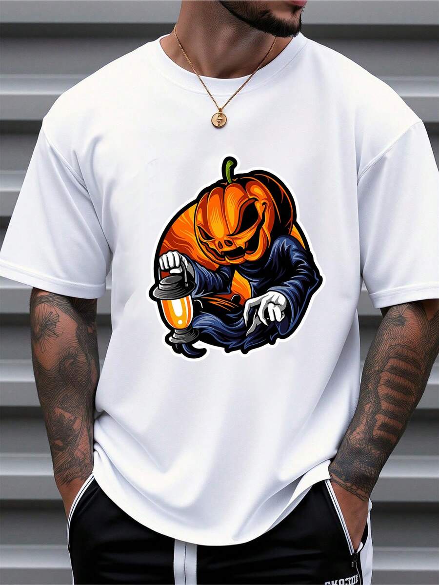 Men's Pure Cotton Short-Sleeved T-Shirt Halloween Pumpkin Print Casual Oversized Top - White - View 1