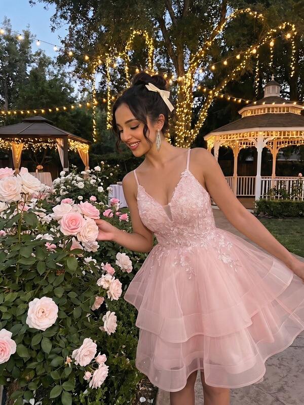 YUMIBRAVO Ballet Style Romantic Applique Bridal Wedding Dress, Spaghetti Strap White Women's Wedding Party Dress, Sequin Prom Dress, Homecoming Dress Pink