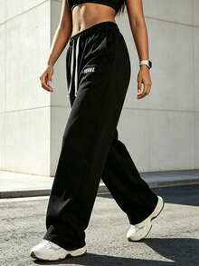 GEMCHO 1pc Women's Drawstring Waist Loose Wide Leg Casual Sweatpants With Pockets, Knit Fabric With Slight Stretch, Suitable For Leisure, Running, Jogging, Fitness, All Season Long Pants Black Spring Sports - Black - View 2