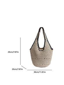 Tas Anyaman Jerami Ringan Bergaya, Desain Minimalis, Tas Pantai Multifungsi untuk Liburan, Kapasitas Besar Cocok untuk Perjalanan dan Liburan - Krem - View 9
