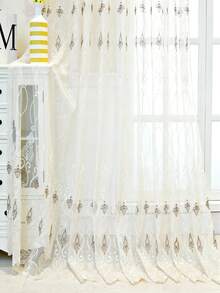 1 Panel European Style Embroidered Sheer Curtain, Silver White Grommet Top, Lace Wavy Hem, Mesh Fabric Mosquito Protection, Suitable For Summer Curtains, Living Room Curtains, Bedroom Curtains, Room Curtains, Multi-Room Decor Curtains - Beige - View 2