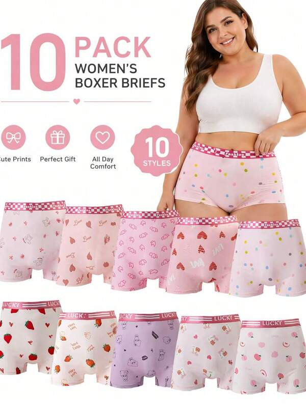10pcs High Waist Plus Size Women's Panties, Comfortable Fashion Design, Solid Color And Printed Pattern, Anti-Slip Fit