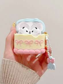 1pc Cute Rabbit Cake Shaped Silicone Earphone Protective Case, With Fork Pendant And Beaded Chain, Shockproof Protective Case, Suitable For AirPods 4 And Pro/Pro2/Pro3, Portable For Airport Travel, Daily Commute And Outdoor Activities, Cute Sweet Style Earphone Accessory - Multicolor - View 4