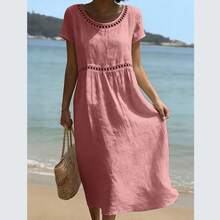 Vestido algodón lino liso cuello redondo manga corta ribete encaje, verano 2026 europeo mujer - Negro - Ver 2