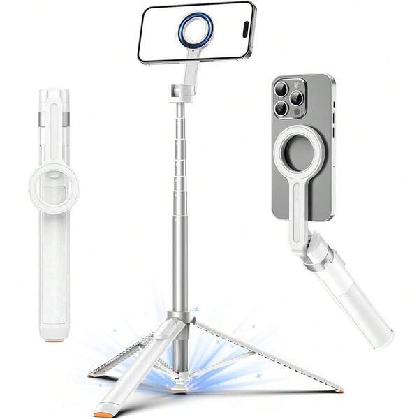70" Auto-Open Magnetic Tripod For Magsafe, MagSafe Selfie Stick With Remote, Supports 270° Overhead Shooting, Portable Phone Stand For Recording, Travel And Vlogging, Compatible With IPhone/Android (White)