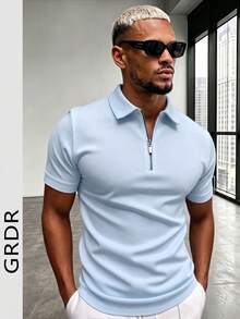 GRDR Men's Summer Polo Collar Half Zip Short Sleeve T-Shirt, Suitable For Outdoor, Vacation And Casual Wear - Baby Blue - View 6