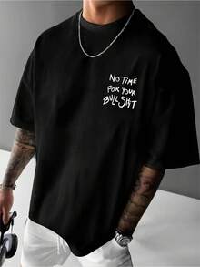 Camiseta gráfica para hombre "No Time for Your " - Ropa urbana de verano, corte holgado, cuello redondo, lavable a máquina, ideal para relajarse y hacer deporte| Camiseta de mensaje - Negro - Ver 2