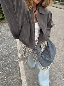 女款標準版型仿麂皮長袖單排扣寬鬆休閒外套，適合春季穿著 - 灰色 - 查看 3