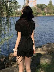 Summer Sweet Cinched Cinched Waist Versatile Ribbon Sexy Petal Sleeve Short Sleeve Blouse Top Black - Black - View 3