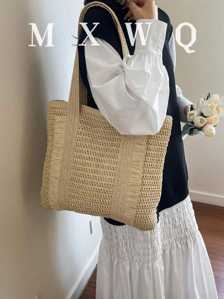 夏季草編海灘包 大容量托特包 度假風簡約百搭女款包