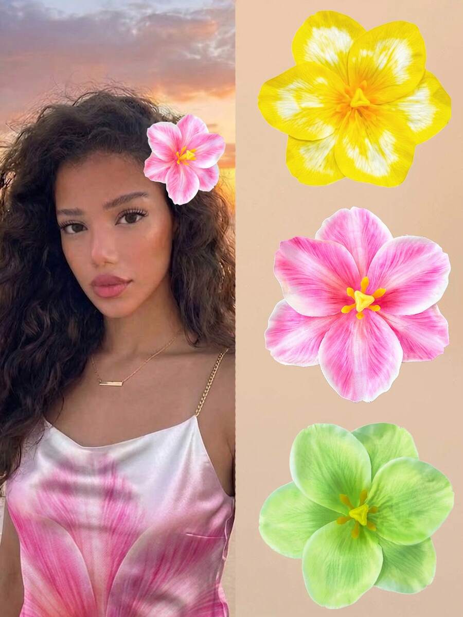 3/1pc Hawaiian Flower Hair Clips, Suitable For Vacation Beach Party, Summer Tropical Style Wedding Party, Girls Hair Accessories Gift - Multicolor - View 1