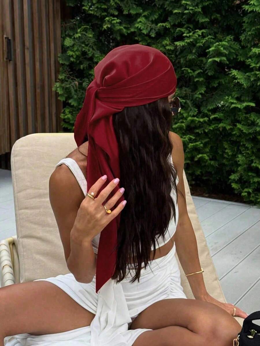 1pc Women's Casual Solid Mint Blue Scarf/Headscarf, Minimalist Style Spring/Summer Hair Accessory, Suitable For Vacation, Beach Party, Street Fashion - Burgundy - View 1