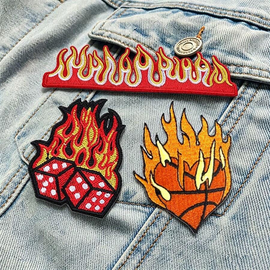 3件組龐克風火焰主題刺繡貼布組,火焰骰子愛心刺繡貼布,復古火焰風格熨燙或縫製貼花,適用於牛仔外套、背包DIY裝飾 - 多色 - 查看 1