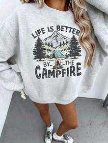 2026 New Arrival Bestseller  Women's "Life Is Better By The Campfire" Graphic Sweatshirt, Casual Loose Pullover, Women's Graphic Tops Clothes. - 淺灰色3 - 查看 9
