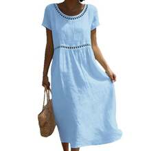 Vestido algodón lino liso cuello redondo manga corta ribete encaje, verano 2026 europeo mujer - Negro - Ver 5