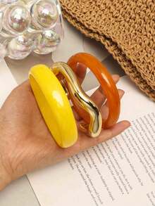 3pcs Yellow Round Minimalist Bangle Set, Versatile Fashion Wrist Accessory, Suitable For Women's Daily, Holiday And Casual Wear - Yellow - View 2