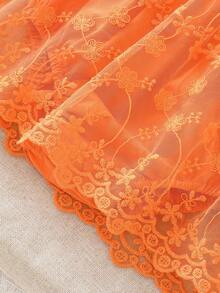 女嬰刺繡短袖網紗連身裙，夏季款 - 橘色 - 查看 5