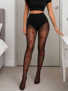 Women Sheer Black Pantyhose With Red Lip Print, High Stretch Thin Tights, Fashion Patterned Legwear For Party, Date & Daily Outfits - Multicolor - View 10