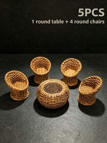 3/5pcs Mini Resin Wicker Table And Chair Set, Dollhouse Miniature Furniture Decor, Micro Landscape Decoration, Round Table With Square Or Round Chairs, Suitable For Micro Landscape Creation, Desktop Display, Photography Props, Holiday Gifts - Multicolor - View 7