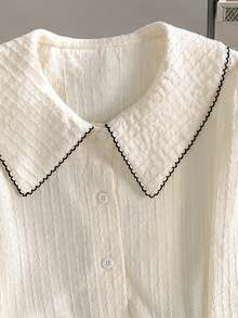 Tween Girls Peter Pan Collar Blouse, Contrast Trim Textured Button Up Shirt, Teen Tween Girl Cute Long Sleeve Ruffle Cuff Top - Apricot - View 7