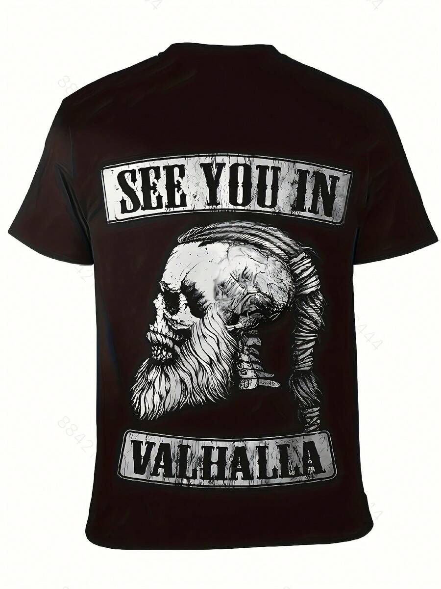 Herren Übergröße T Hemd,Bedruckt mit einem Walkirien-Schädelmuster - Lässige Streetwear,Polyestermaterial,Maschinenwaschbar,Rundhals-Design,Undurchsichtig,Exklusives Design. - Schwarz - Übersicht 1