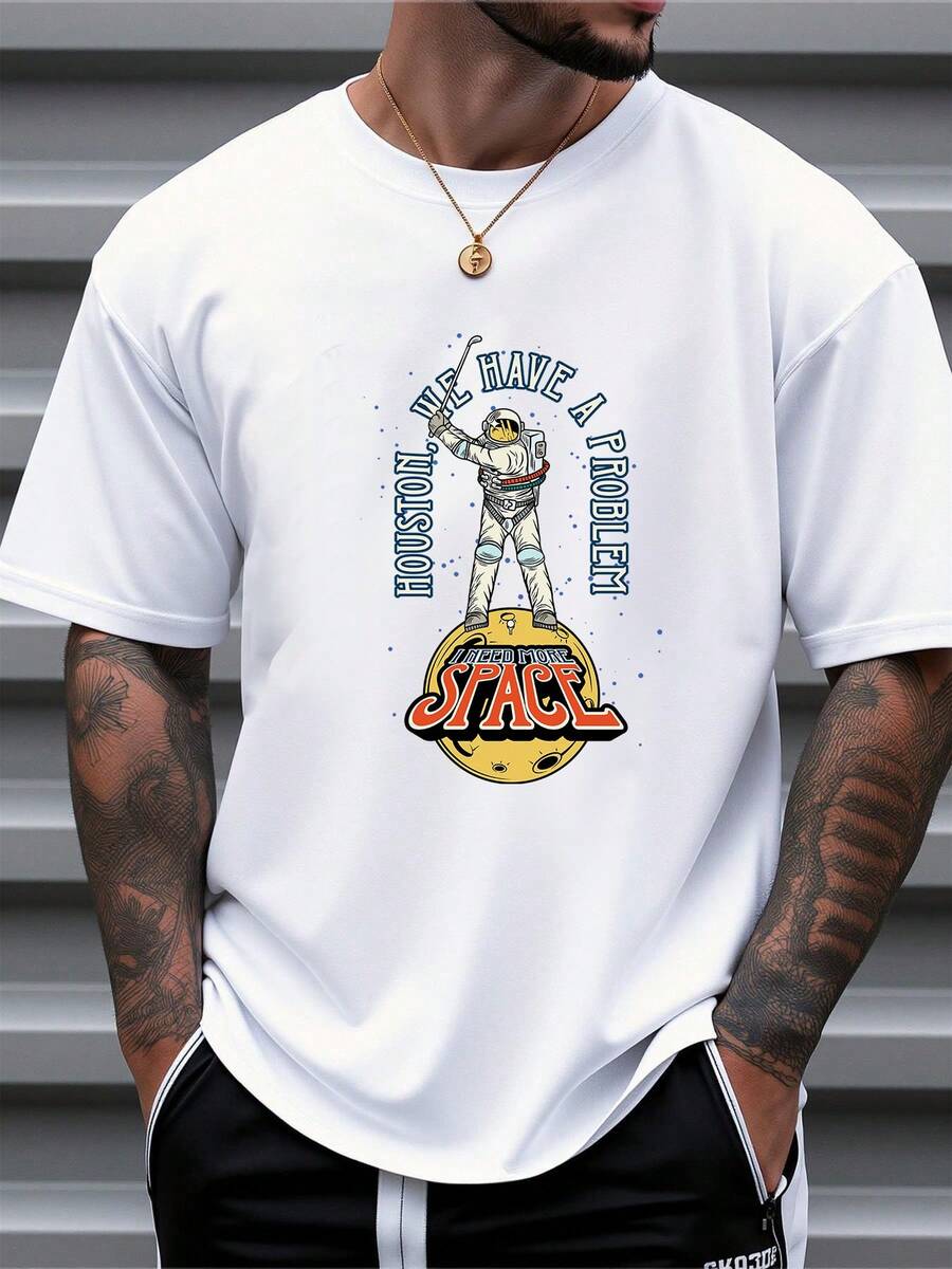 Men's Pure Cotton Short-Sleeve T-Shirt Astronaut Graphic Print Casual Oversized Summer Daily Top - White - View 1