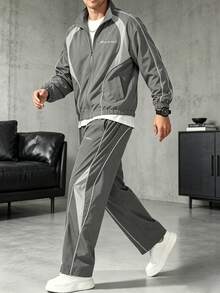 男士拼色 2 件式運動套裝夾克與長褲休閒運動服 - 深灰色 - 查看 4