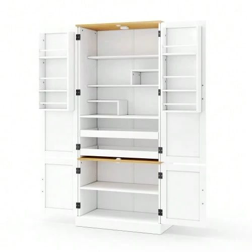 Kitchen Cabinets, Tall Cabinets And Storage Units With Motion Detector, Adjustable Shelves, Storage Compartments On Doors And Drawers, Suitable For The Kitchen, Dining Room And Living Room, White - 白色 - 查看 1