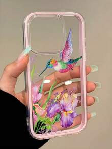 1pc Creative Floral Colorful Hummingbird Pattern Phone Case, Contrast Color 2-In-1 TPU Anti-Drop Soft Shell Protective Cover Compatible With Apple 11/12/13/14/14plus/15/15plus/16/16plus/17/17pro And Other Models - Multicolor - View 3