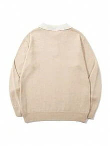 Men's Fashion Casual Vacation Daily Commute Home Wear POLO Collar Button Half Cardigan Long Sleeve Loose Ribbed Pullover Knit Sweater Autumn Winter Style - Khaki - View 4