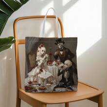 1pc Gothic Victorian Skull Tea Party Tote Bag For Women - Featuring Tassel Trim, Adjustable Wrist Strap And Shoulder Strap Design, Spacious Reusable Shopping Bag, Durable Handbag Washable - Multicolor - View 3