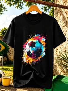 Herren-T-Shirt Mit Fu?Ball-Grafikprint, Premium-Baumwolle, Lockere Passform, Street Hip-Hop-Stil, Bequem, Kunstdruck - 白色 - 查看 2