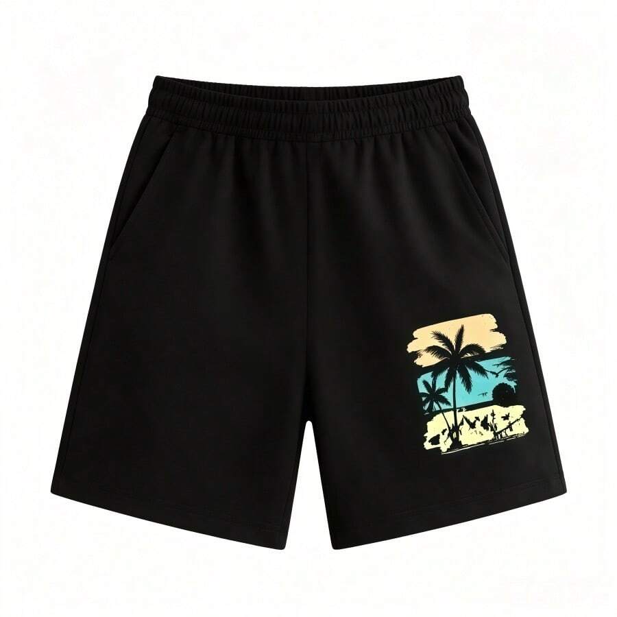 1pc 2026 Summer Women 2Pcs Set, Color Block Palm Tree Sunset Print Top & Elastic Waist Shorts With Pockets - 短褲 - 查看 1