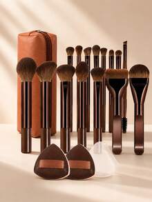 Set de Brochas de Maquillaje - 18 piezas de Alto Valor Multifuncional - Incluye 15 Brochas de Maquillaje + 2 Borlas de Polvo + Bolsa de Maquillaje - Fácil de Transportar - Almacenamiento Práctico - Base de Mango y Maquillaje de Color - Crea un Maquillaje Delicado - Café integral - Ver 1