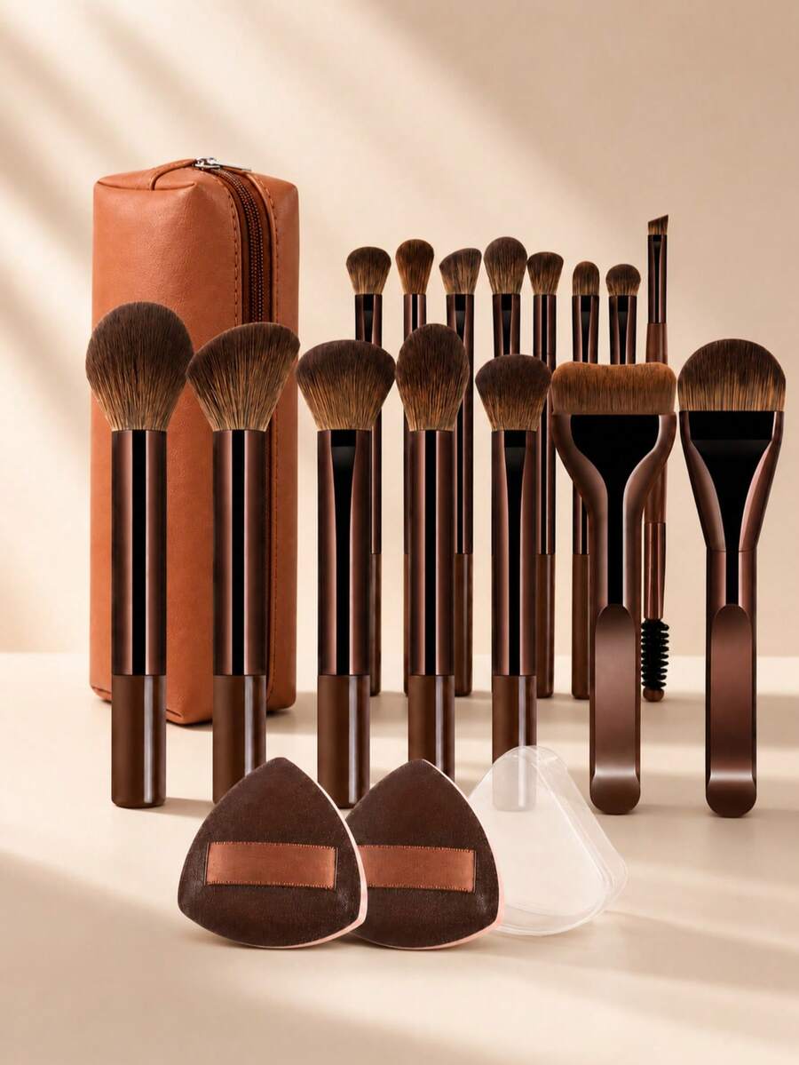 Set de Brochas de Maquillaje - 18 piezas de Alto Valor Multifuncional - Incluye 15 Brochas de Maquillaje + 2 Borlas de Polvo + Bolsa de Maquillaje - Fácil de Transportar - Almacenamiento Práctico - Base de Mango y Maquillaje de Color - Crea un Maquillaje Delicado - Café integral - Ver 1