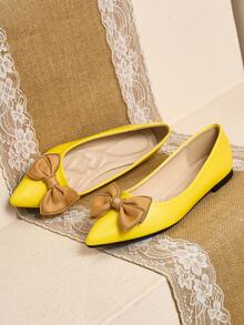 Pointed Toe Low Vamp Bow Flat Shoes, Delicate Satin Texture Soft And High-End, Versatile Shoes. - Bright Yellow - View 4