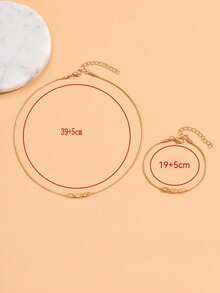 2pcs/Set Women's Minimalist Personalized Versatile Snake Bone Chain With Oval Beads Necklace And Bracelet - Yellow Gold - View 4