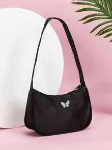 1pc Solid Color Nylon Zipper Butterfly Print Shoulder Underarm Bag. Minimalist And Fashionable, Suitable For Daily Use. Smooth Zipper, High-End Solid Color Matching, Also A Great Gift. - Multicolor - View 5