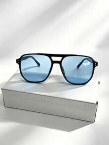 1pc Square Oversized Women's Fashion Glasses With Rivet Street Fashion Glasses Suitable For Daily Wear, Outings And Vacation - Baby Blue - View 3