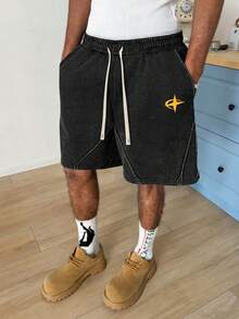 Men's Washed Black Snow-Wash Fabric Drawstring Waist Fashion Casual Shorts, Minimalist Print, Suitable For Daily Wear - Black - View 1