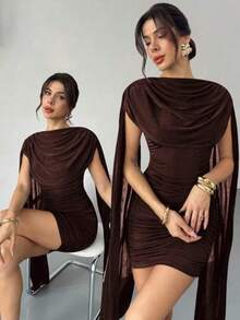 Vestido elegante y casual con cinta fluida y delgada, vestido de festival/vestidos elegantes para fiesta/atuendos de Acción de Gracias para m - Marrón - Ver 1