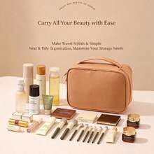 Portable Makeup Organizer, 2 Styles (Single/Double Layer) Cosmetic Bag with Brush Slots, Ideal for Travel, Daily Use & Storing Brushes, Lipsticks - Beige, einlagig - Übersicht 2