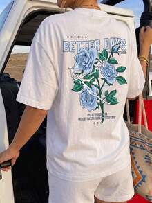1packWomen's Oversized Double-Sided Print T-Shirt, Blue Rose Embroidery Floral Slogan Letter Pattern T-Shirt, Y2K Soft Grunge Aesthetic Vintage Street Style Positive Quote Top, Soft Fabric, - 白色 - 查看 2
